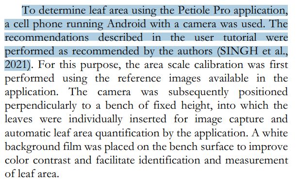 Excerpt from the paper's methods section describing how leaf area was determined using the Petiole Pro application, including area scale calibration and a white background film.