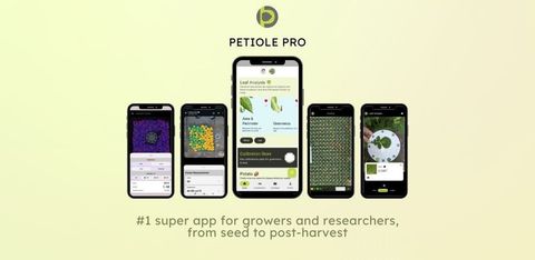 Petiole Pro app promotional graphic showing five smartphones with the Leaf Analysis, calibration and greenness screens, captioned the number one super app for growers and researchers from seed to post-harvest.