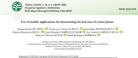 Header of the research paper 'Use of mobile applications for determining the leaf area of cotton plants' in the journal Nativa, listing the authors and their three Brazilian institutions.