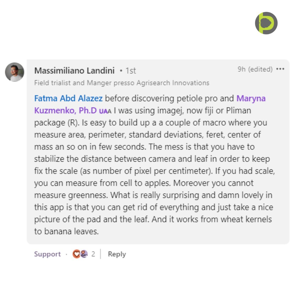 LinkedIn feedback from Massimiliano Landini, field trialist and manager at AgriSearch Innovations, praising Petiole Pro for measuring area, perimeter and greenness from a simple photo.
