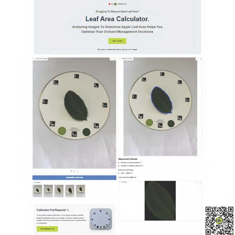 Petiole Leaf Area Calculator: an apple leaf on a round calibration plate ringed with square markers, the same leaf outlined in blue by the model, the segmented leaf on a black background, and a result of one leaf at 22.0 cm².