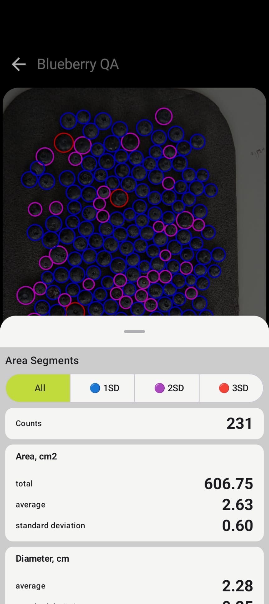 Petiole Pro Blueberry QA screen: blueberries on a dark background each circled by the app, with a count of 231, average area 2.63 cm² and standard deviation 0.60.
